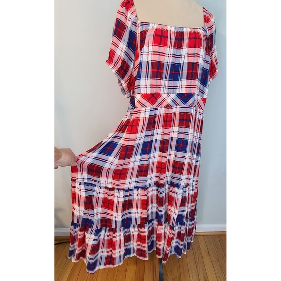 Torrid Challis Puff Sleeve Tiered Maxi Dress Plaid Red & Blue 3X 22/24 Americana - Picture 9 of 15